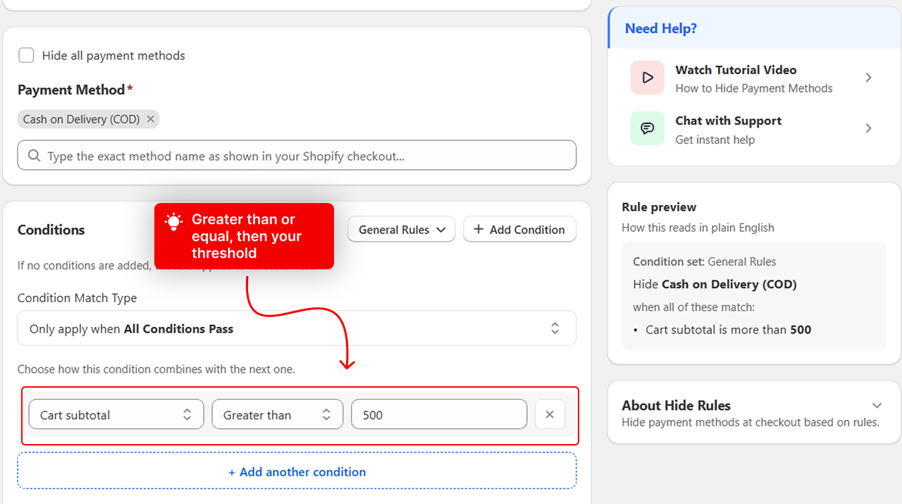 A Cart subtotal condition set to Greater than or equal with a threshold