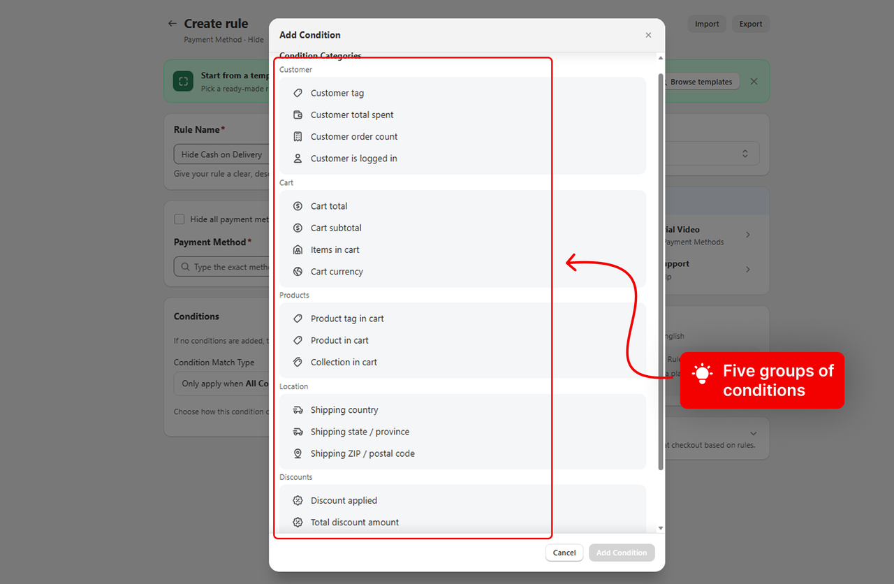 The Add Condition modal with the five condition groups listed