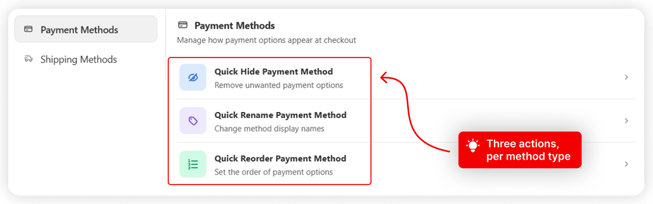 The Payment Methods tab with Hide, Rename and Reorder cards