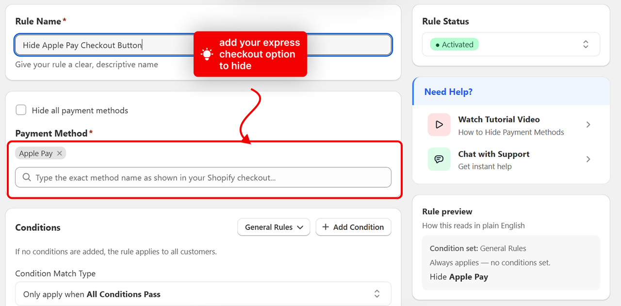 The Payment Method field with an express button name entered, highlighted