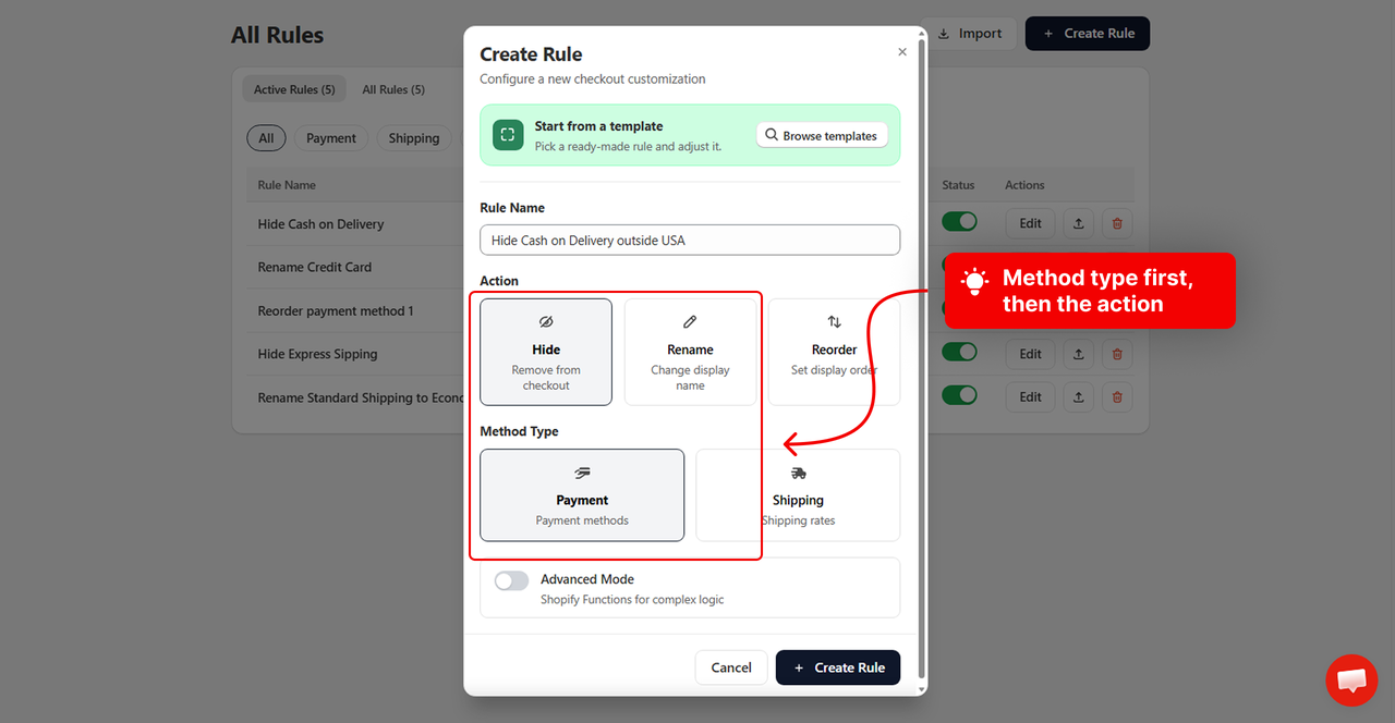 The Create rule screen with the method type and action already chosen