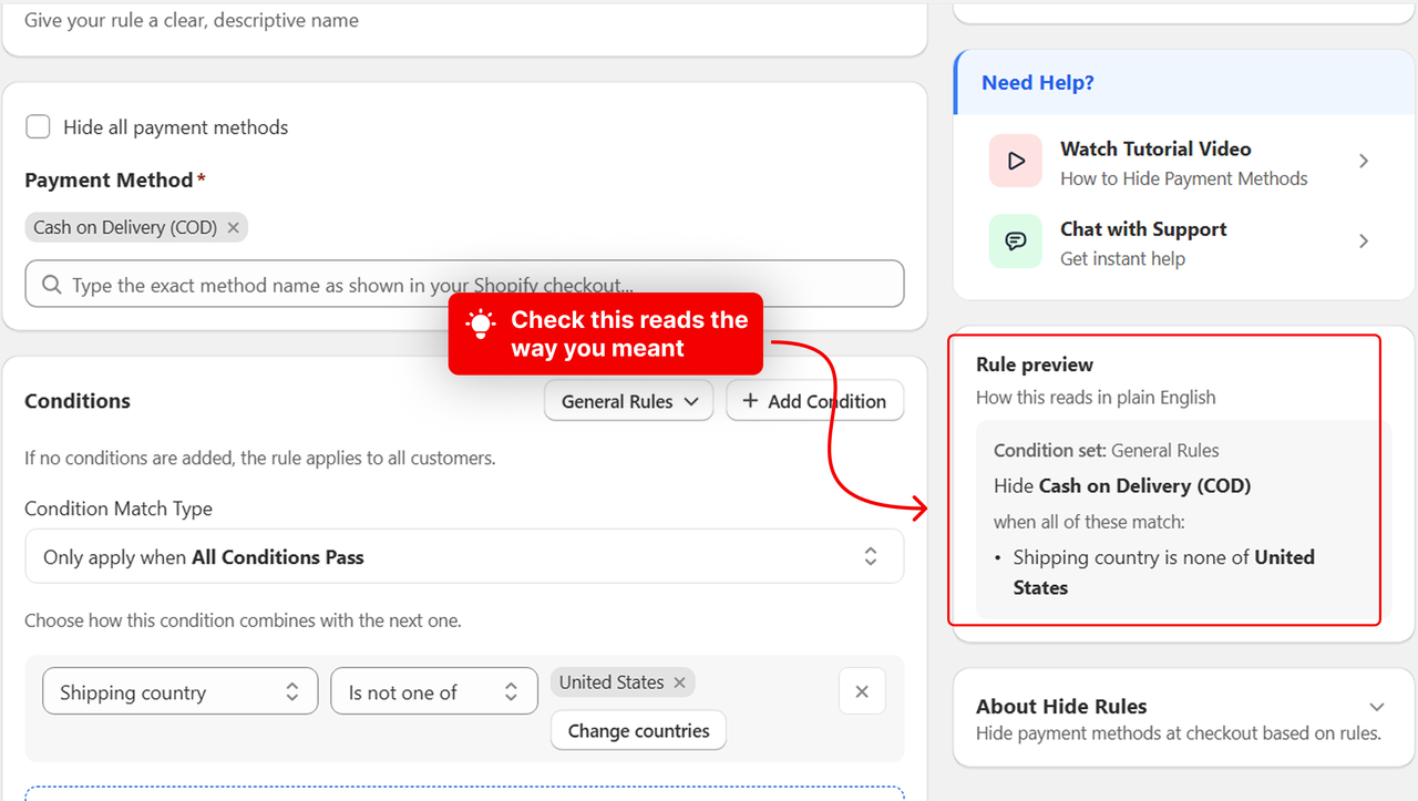The Rule preview panel restating the rule in plain English