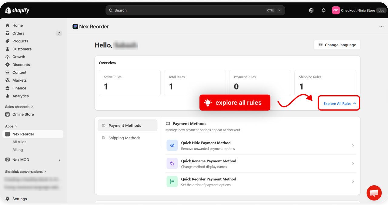 The Nex Reorder dashboard in Shopify Admin, with the Explore All Rules link highlighted