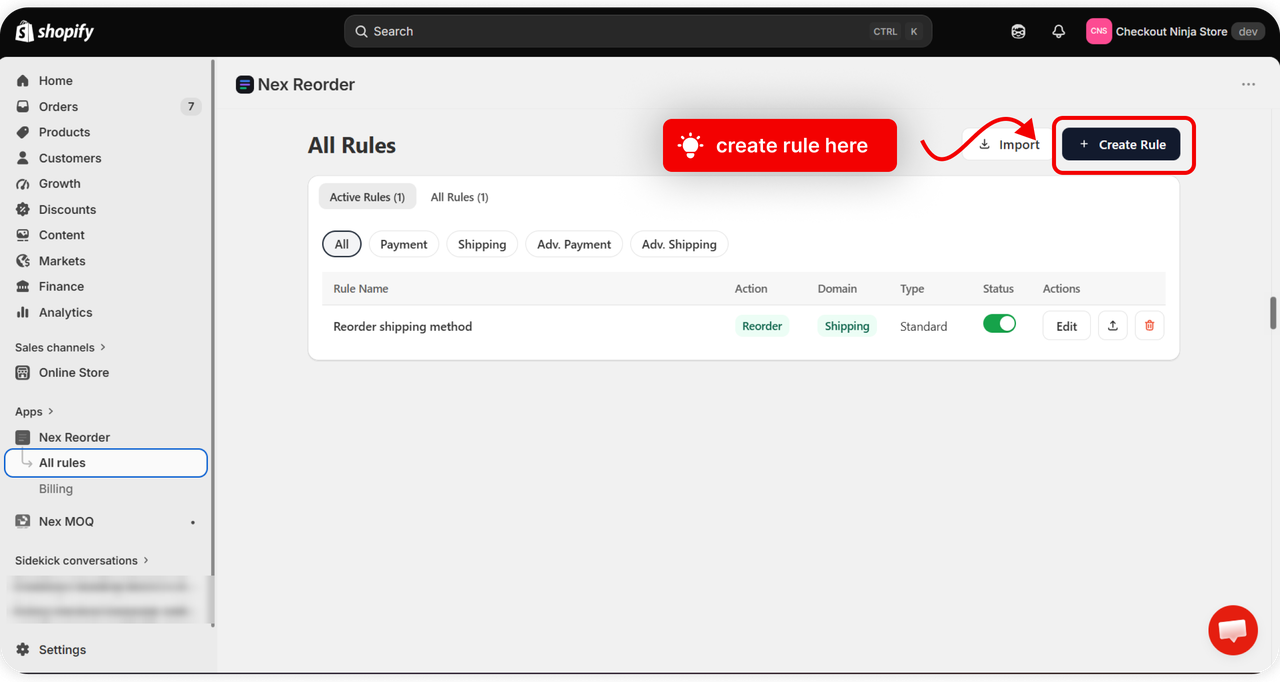 The All Rules page with the Create Rule button highlighted in the top-right corner