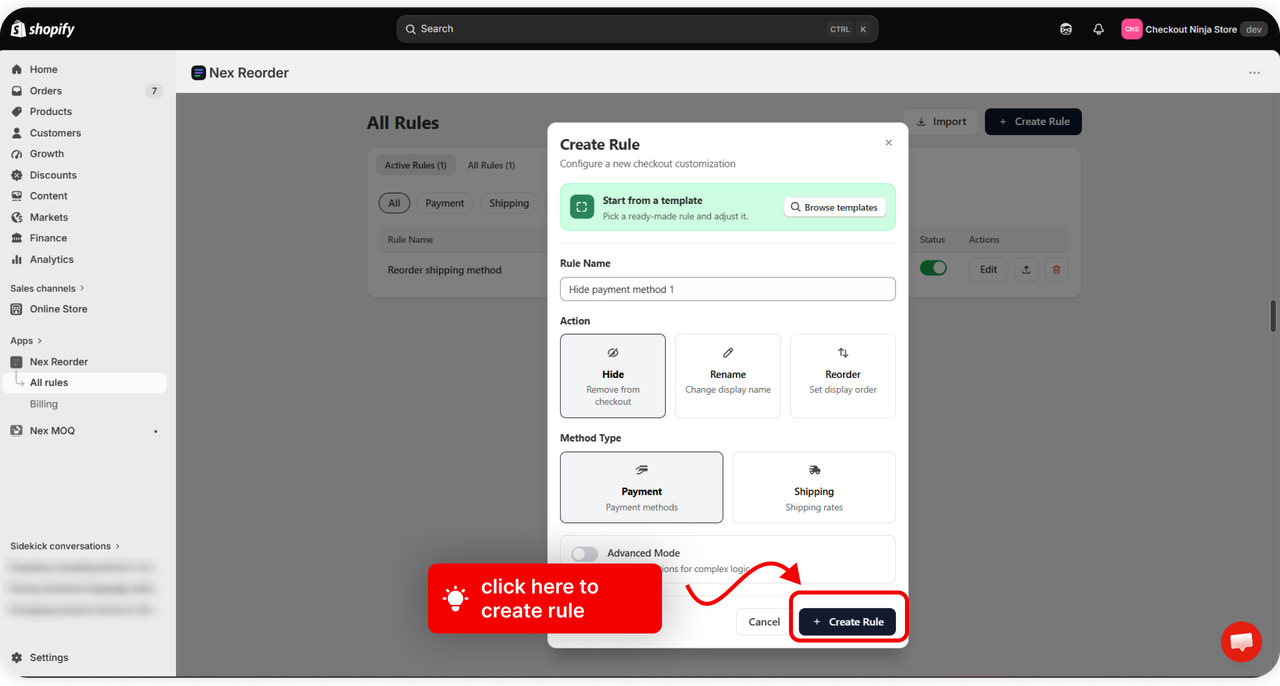 The Create Rule window with a rule name, the Hide action and the Payment method type selected, and the Create Rule button highlighted