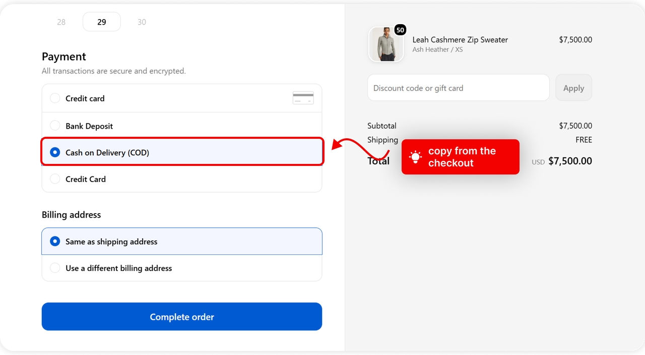Shopify checkout with the Cash on Delivery (COD) payment method highlighted, showing the exact name to copy