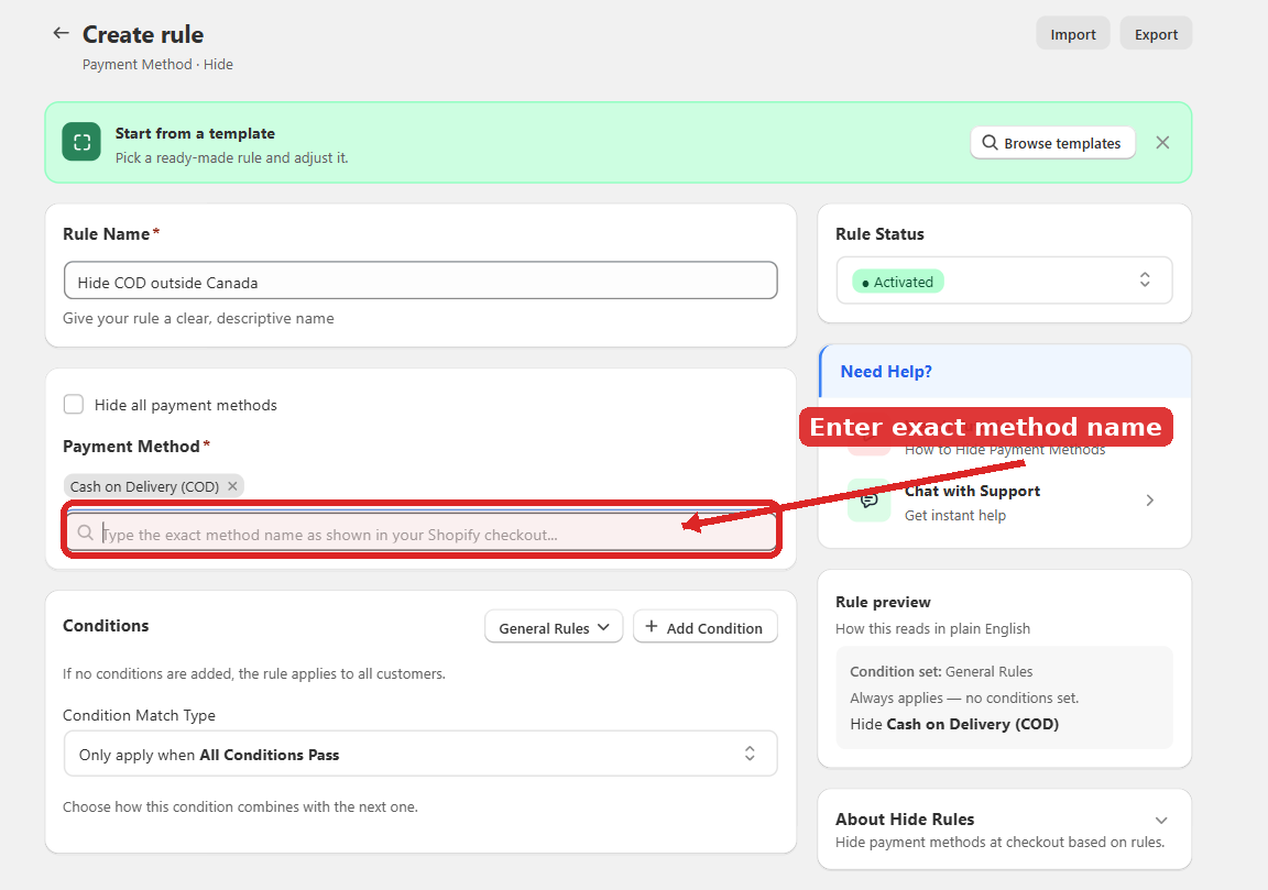 The method name field in the rule, where the exact checkout name is entered