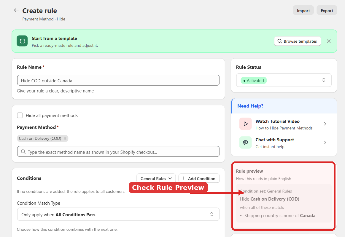 The Rule Preview panel restating the conditions in plain English
