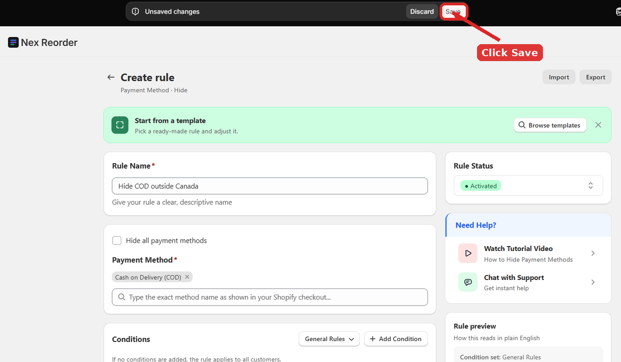 The Save button in the Shopify Admin unsaved changes bar