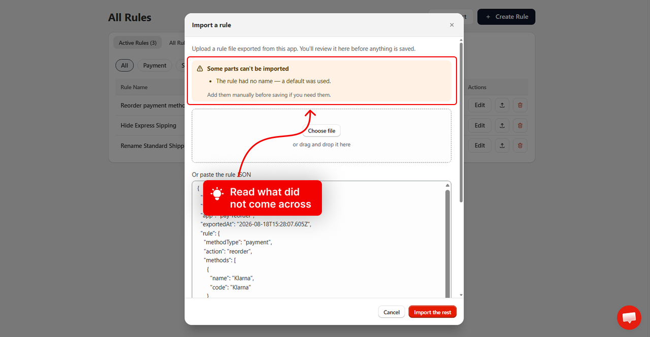 The banner listing which parts of an imported rule were skipped