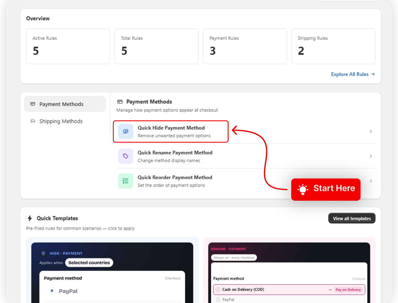 The Hide Payment Method card on the dashboard