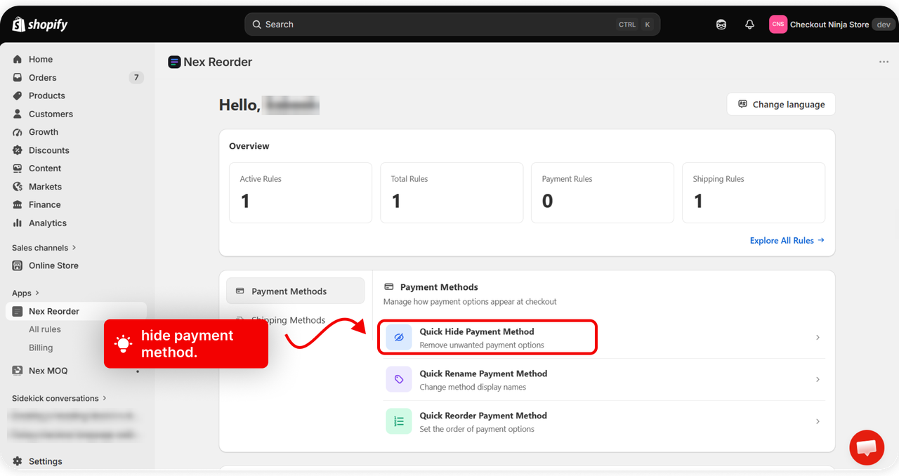 The dashboard Payment Methods section with Quick Hide Payment Method highlighted