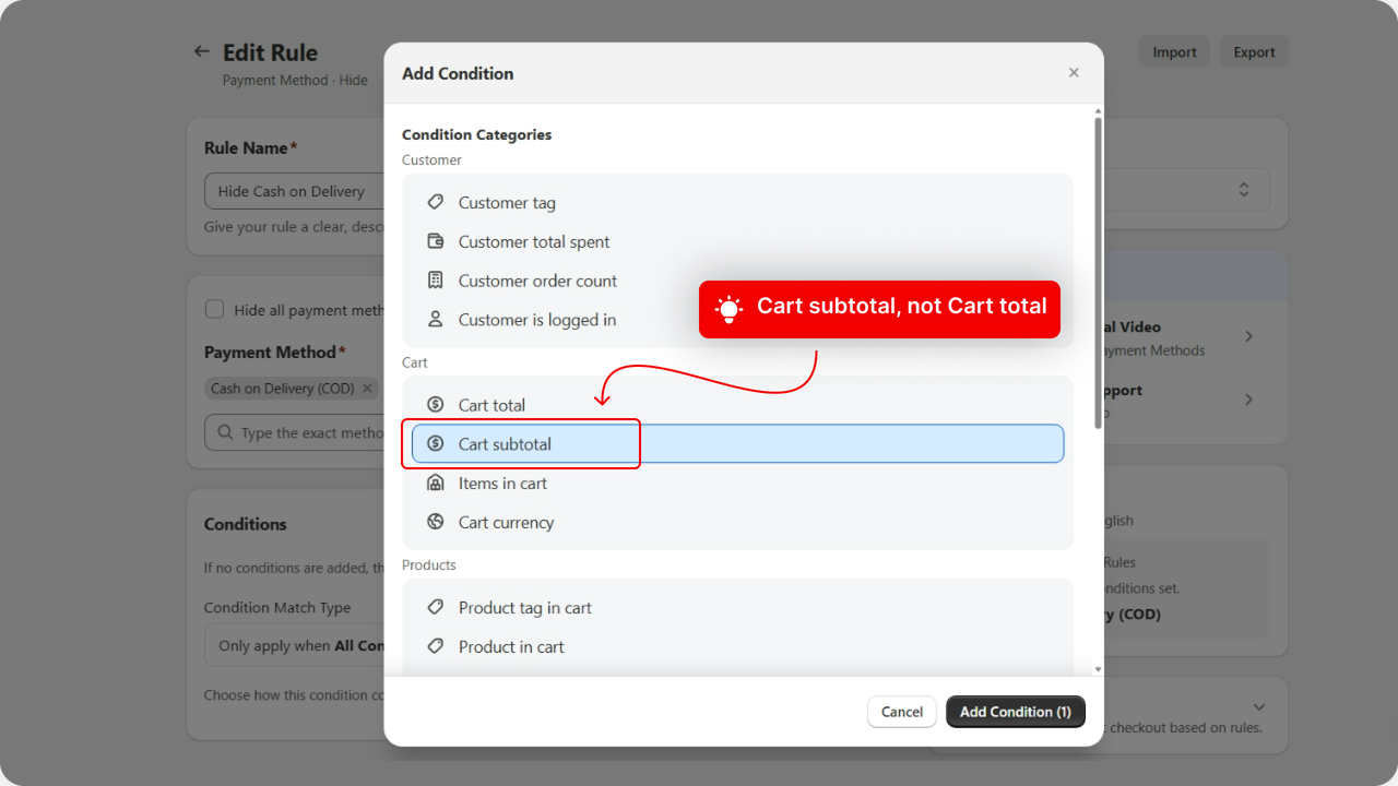 The Add Condition modal with Cart subtotal selected