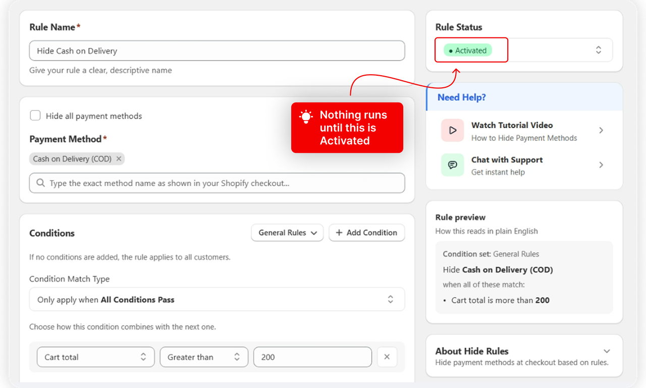 Rule Status set to Activated in the editor sidebar