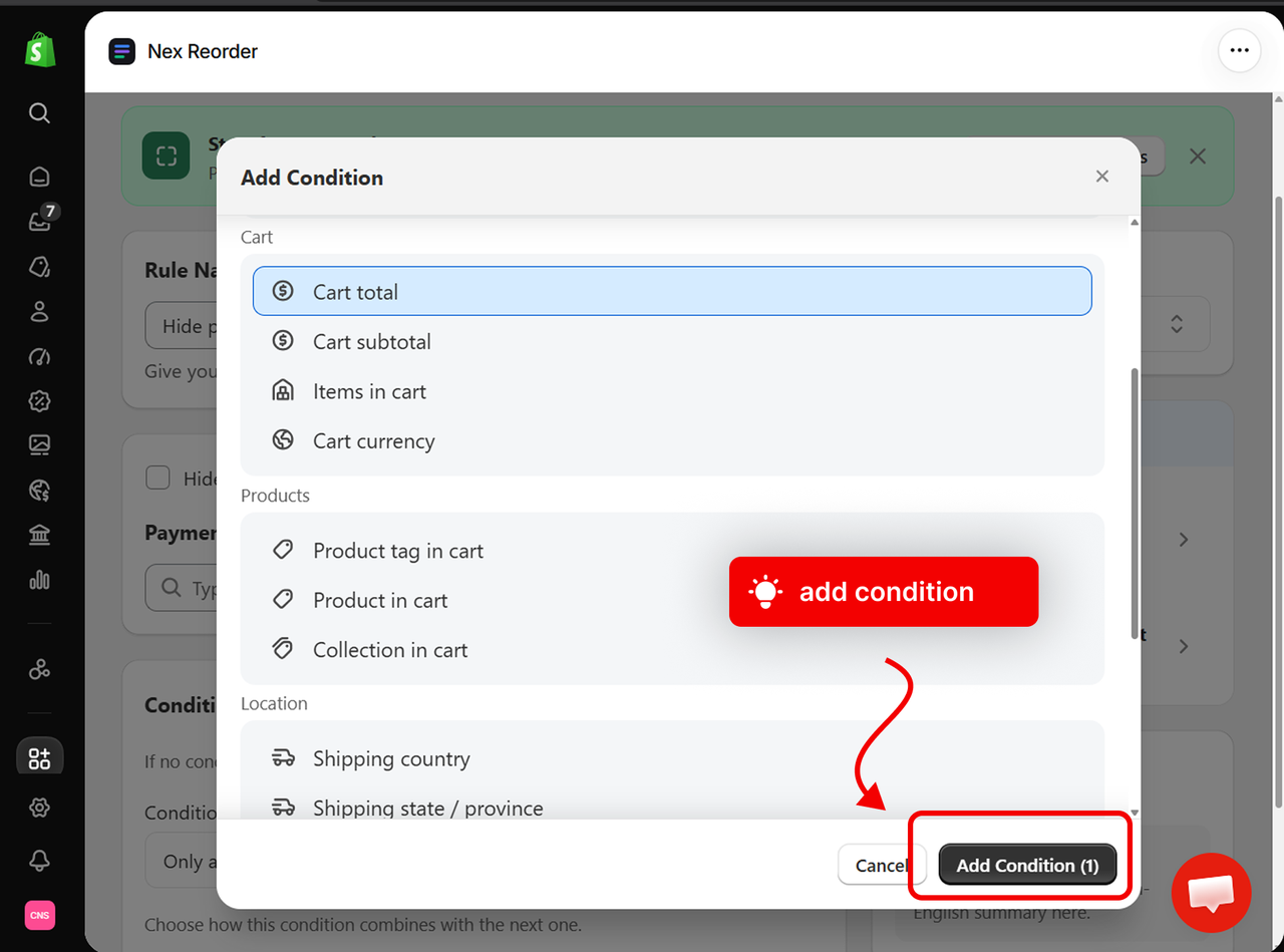 The Add Condition window with the Add Condition button highlighted