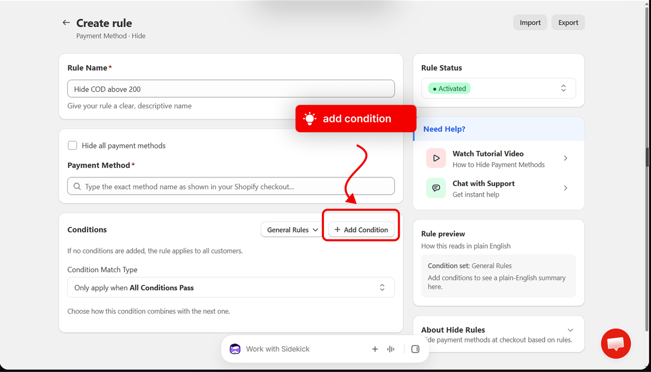The Conditions section with the Add Condition button highlighted