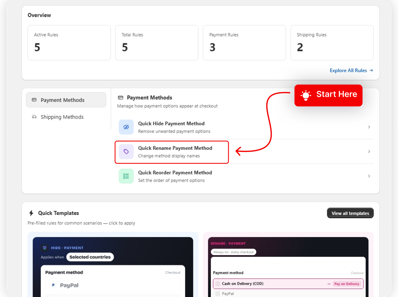 The Rename Payment Method card on the dashboard
