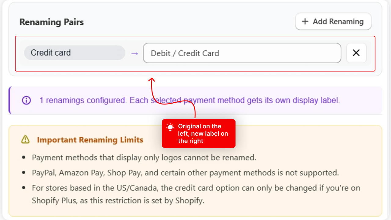 The Renaming Pairs card with one completed row