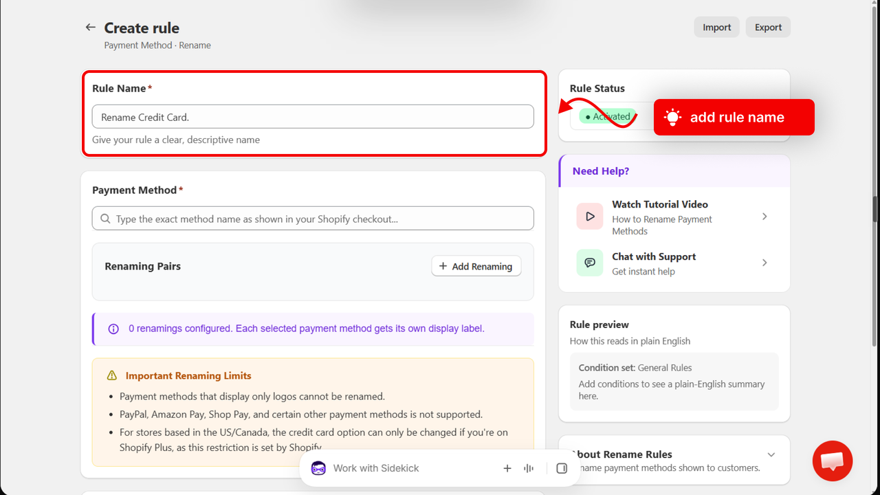 The rule page with an arrow pointing to the Rule Name field