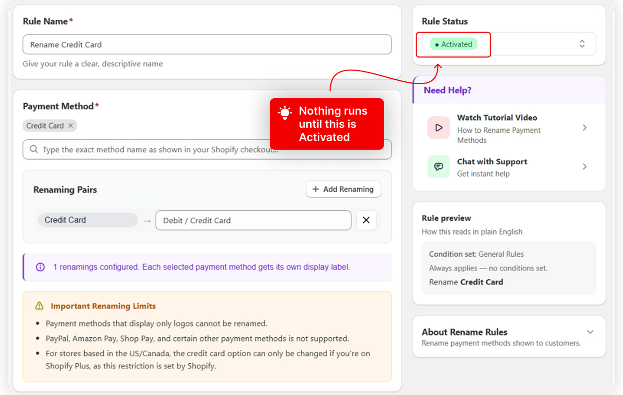Rule Status set to Activated in the editor sidebar