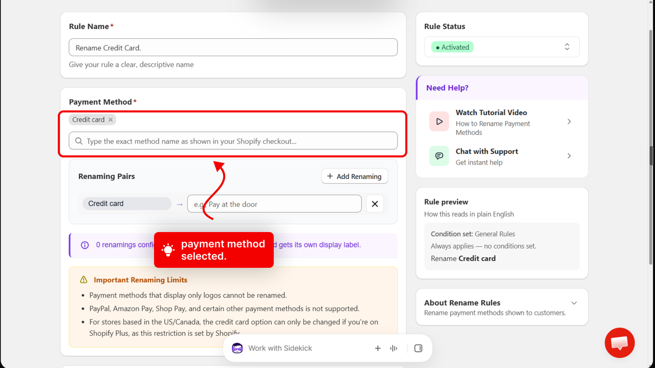 The rule page with an arrow pointing to the Payment Method field