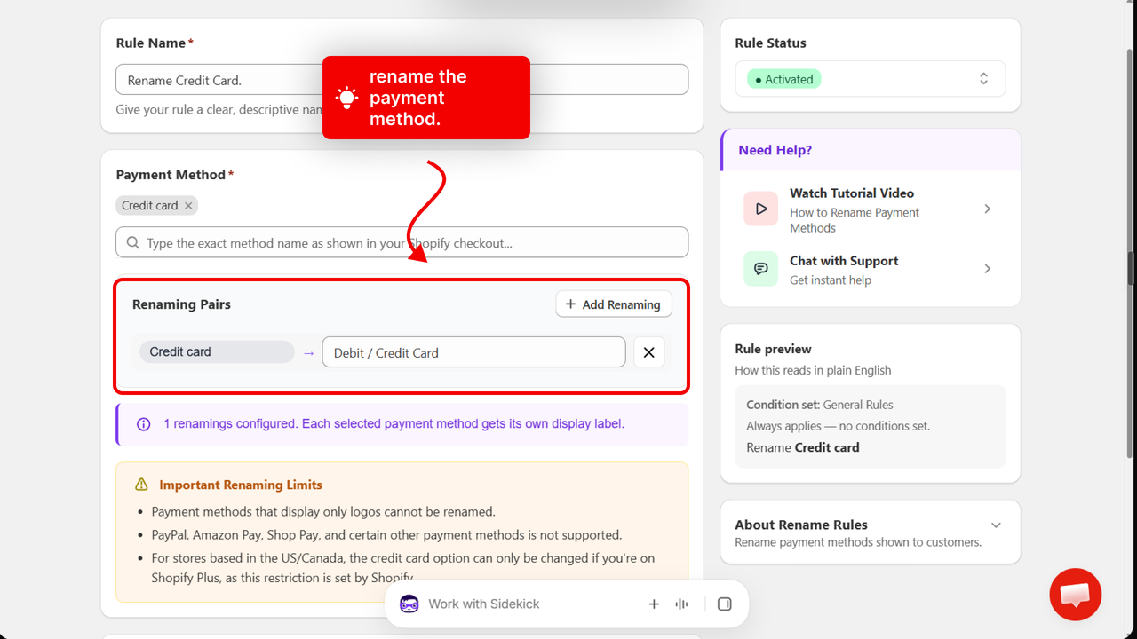 The Renaming Pairs section with an arrow pointing to a completed renaming pair