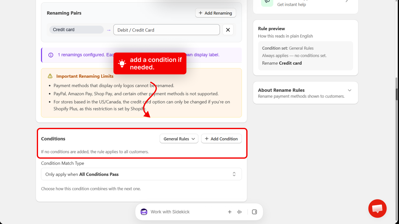 The Conditions section with an arrow pointing to Add Condition
