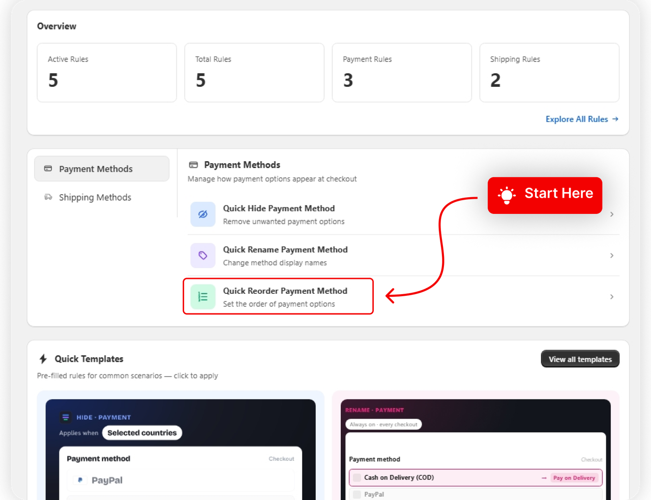 The Reorder Payment Method card on the dashboard
