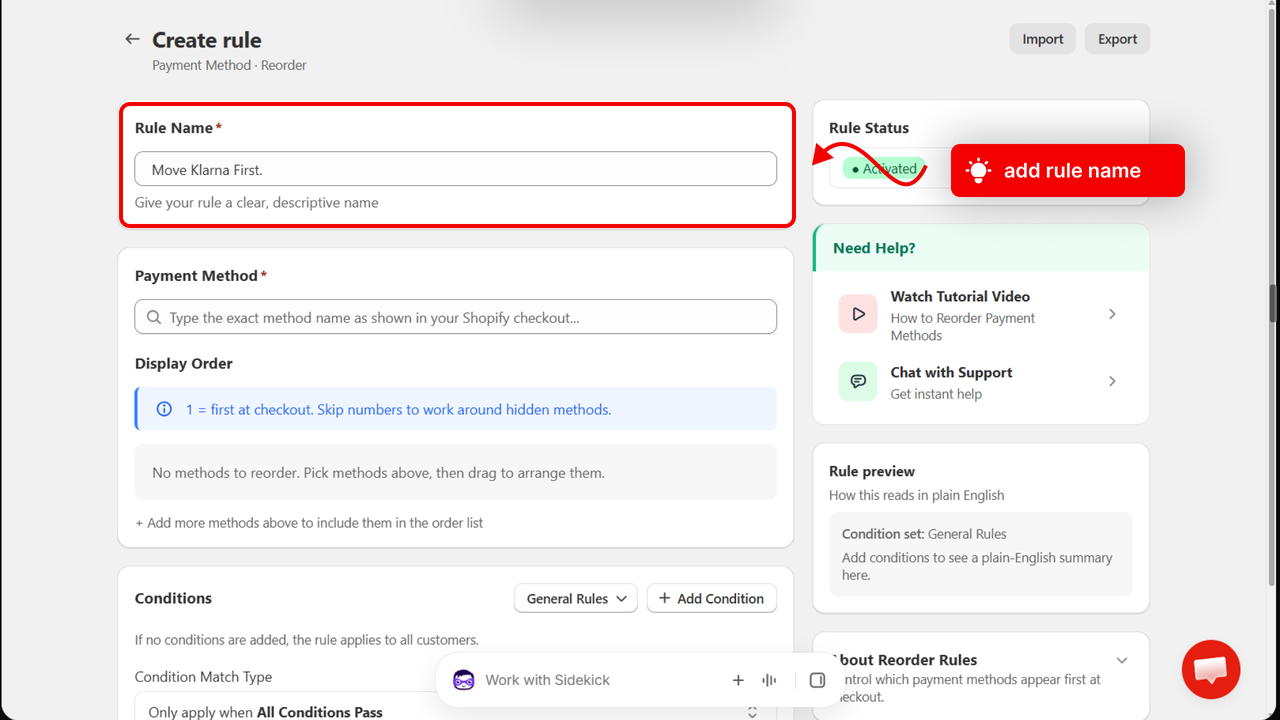 The rule page with an arrow pointing to the Rule Name field