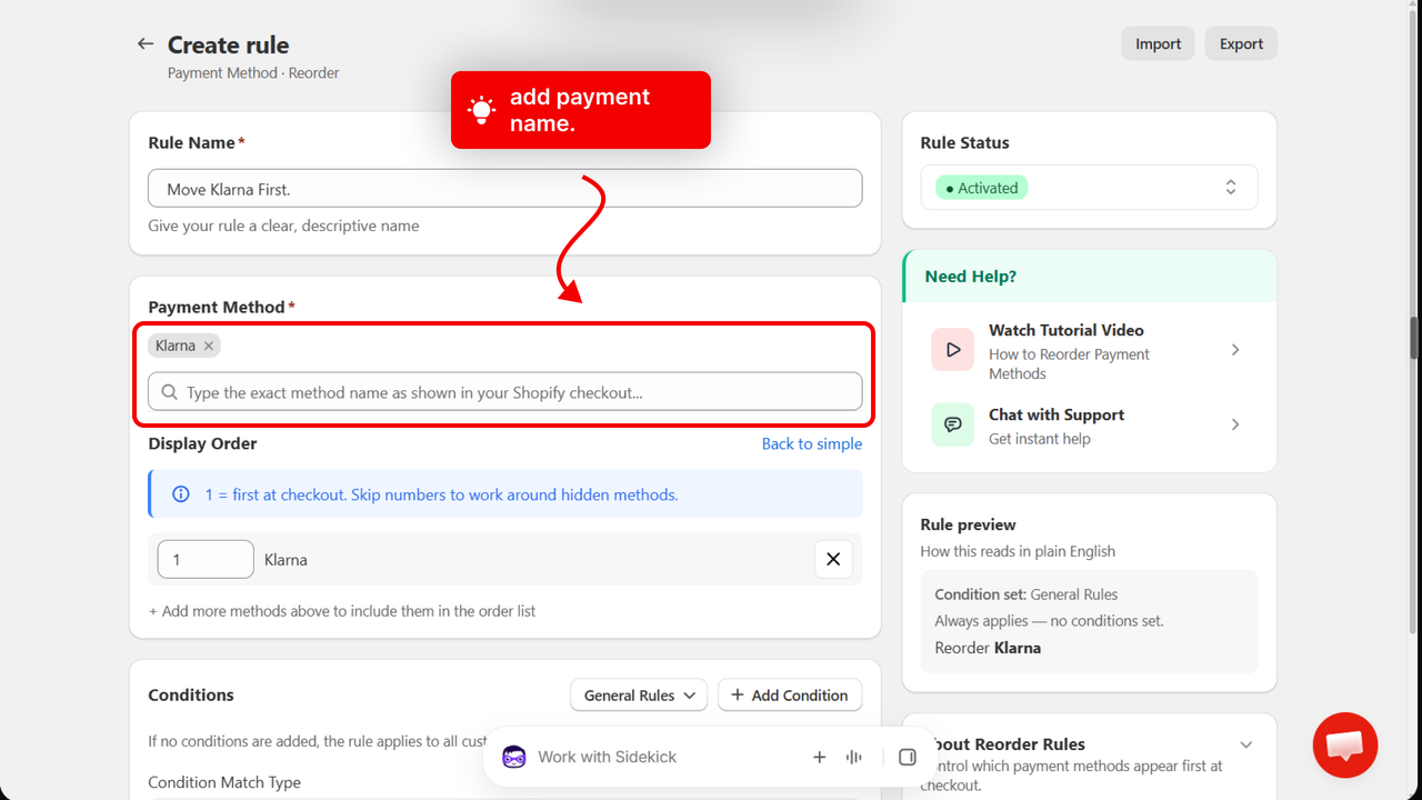 The rule page with an arrow pointing to the Payment Method field and the selected method chips