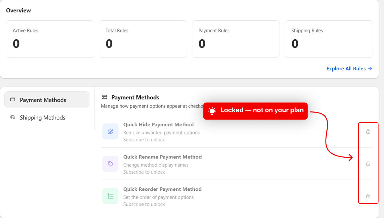 A dashboard action card with a lock icon, showing an action not on the plan