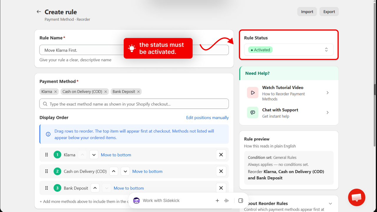 The Rule Status box with an arrow pointing to Activated