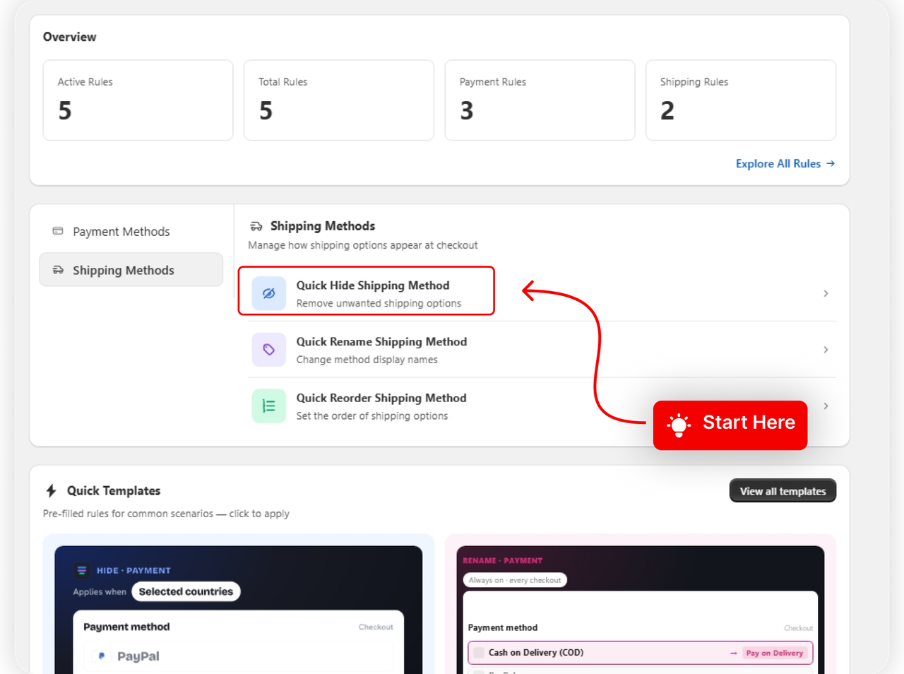 The Hide Shipping Method card on the dashboard