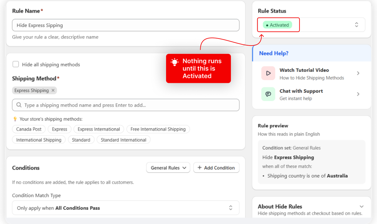 Rule Status set to Activated in the editor sidebar
