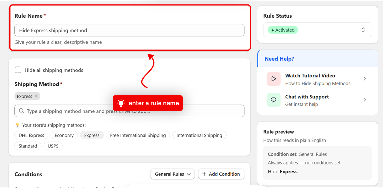 The rule page with an arrow pointing to the Rule Name field