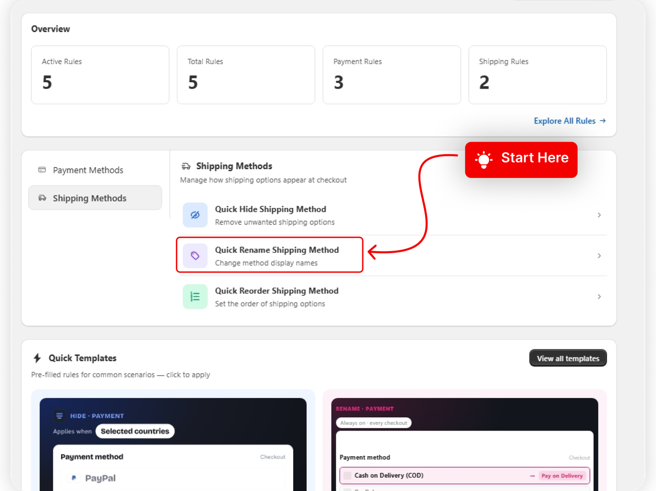 The Rename Shipping Method card on the dashboard