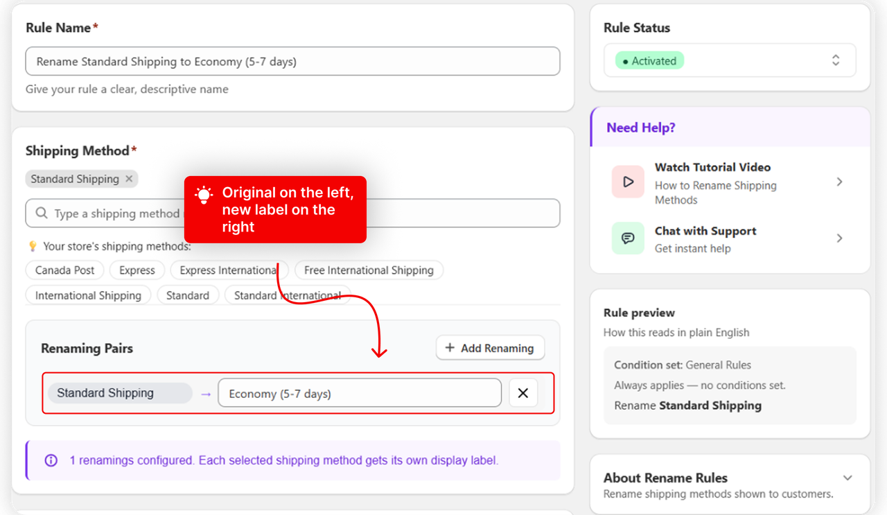 A renaming pair mapping Standard Shipping to Economy (5-7 days)