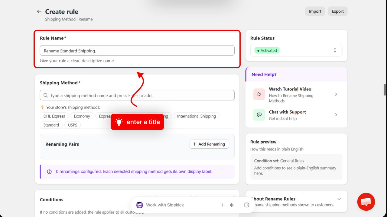 The rule page with an arrow pointing to the Rule Name field