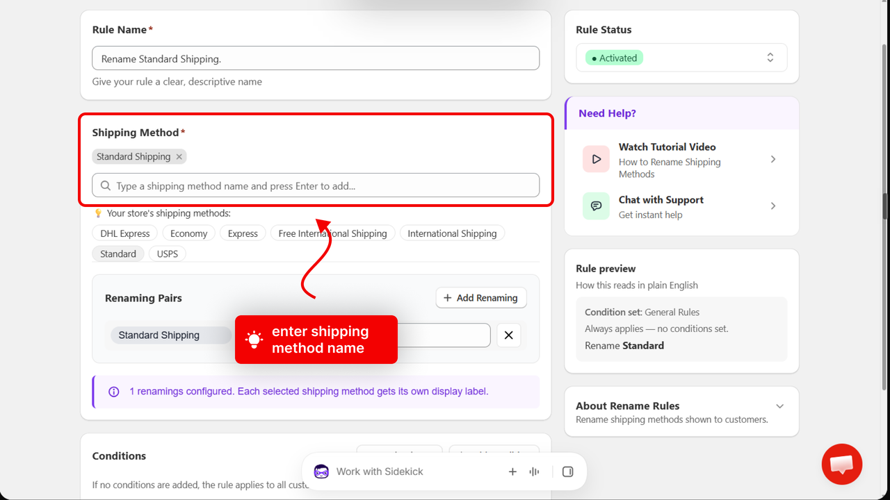 The rule page with an arrow pointing to the Shipping Method field and the selected rate chip
