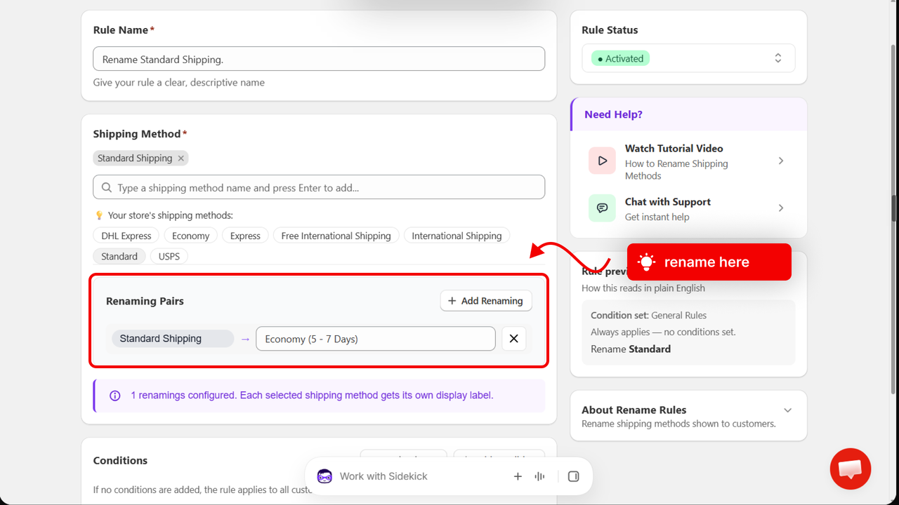 The Renaming Pairs section with an arrow pointing to a completed renaming pair