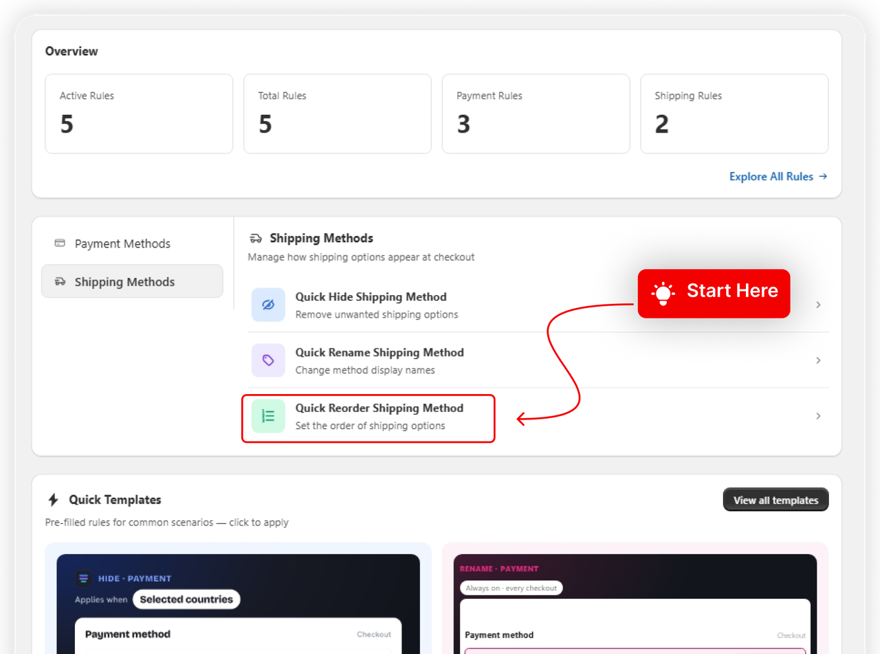 The Reorder Shipping Method card on the dashboard