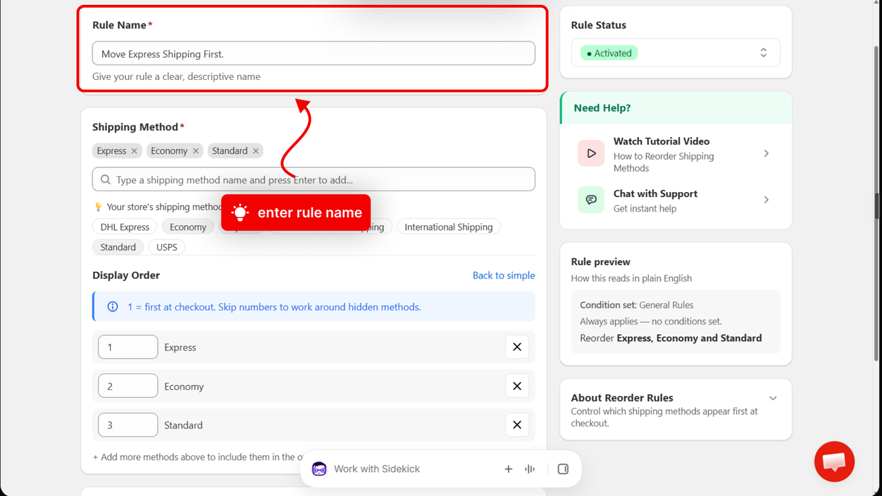 The rule page with an arrow pointing to the Rule Name field