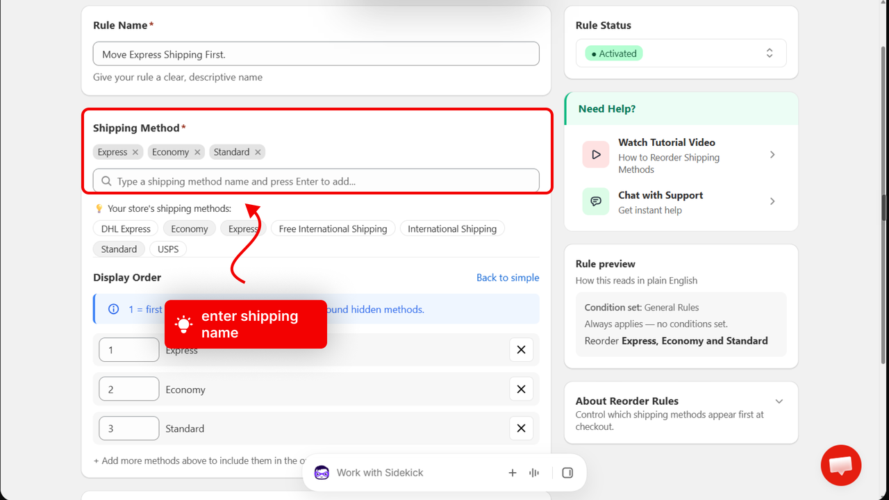 The rule page with an arrow pointing to the Shipping Method field and the selected rate chips