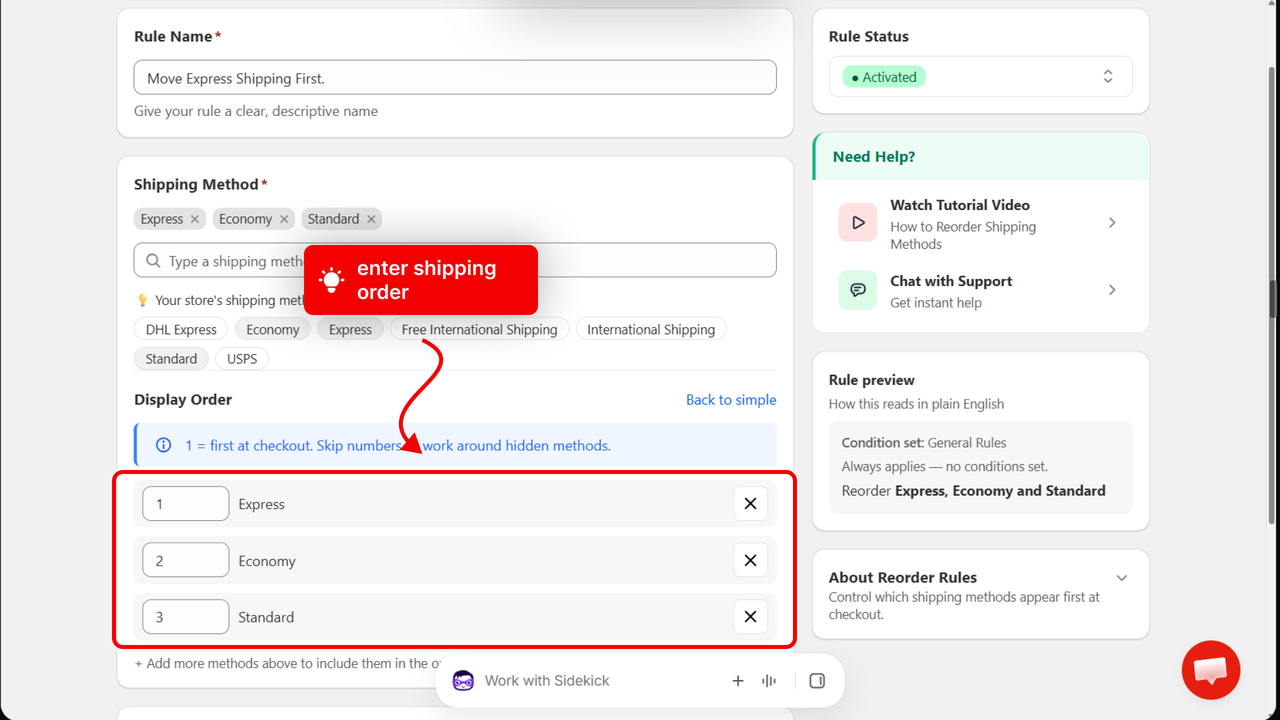 The Display Order section with an arrow pointing to the list of rates