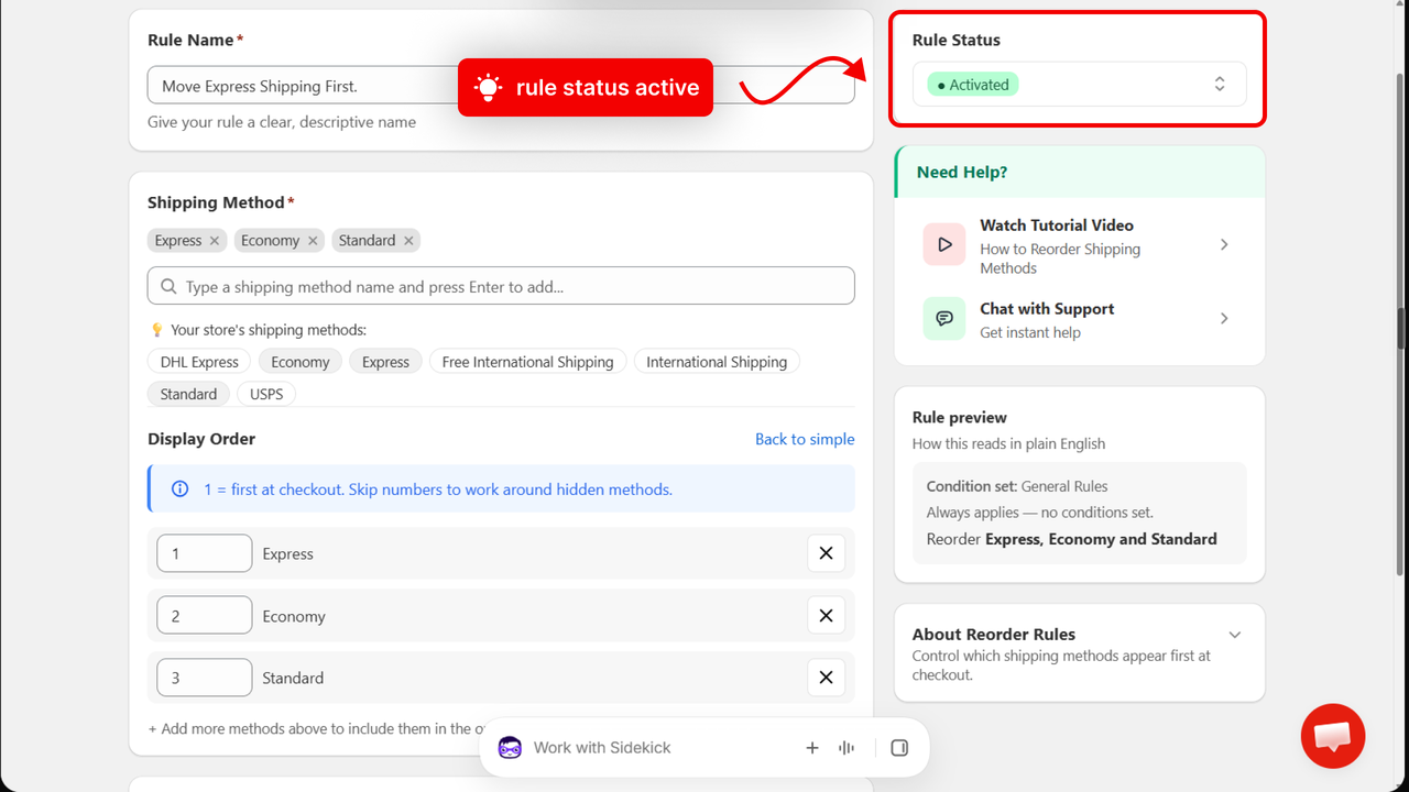 The Rule Status box set to Activated, with an arrow pointing to it